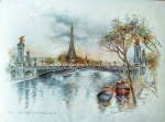 PARIS - Aquarela, "Tour Eiffel et Pont Alexandre III",  Los, Bernadete. Reprodução. Impresso em França. Mede 40 x 30 aproximadamente, sem moldura. Ótimo estado.