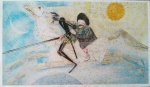 GRAVURA - "Dom Quixote e Pablo" - Impressão policrômica. s/ assinatura. Mede 26 x 42 cm. Marcas do tempo e fungos.