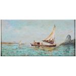 Virgilio Lopes Rodrigues - `Marina com Pão de Açucar ao fundo e barco a vela`, o.s.m. assinado no c.i.d. . Meds: 21 x 44,5 cm - moldura 60 x 84 cm