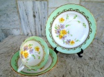 ENGLAND - PLANT - TUSCAN : Trio de xícara para chá em porcelana esmaltada  na cor branca e vitrificada com delicadas flores do campo , em rica policromia. Bordas com faixas verde água e farta aplicação de ouro. Medidas: Prato 17,5 cm , pires 14,5 cm e xicara 6/10 cm.