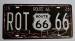 Placa Decorativa ROUTE 66 com efeito envelhecido confeccionada em metal. Medidas: 31x16 cm.