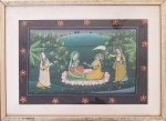 ÍNDIA, anos 40/50 - Delicada pintura em aquarela sobre seda, repres. deuses e cortesãs. Medida total: 41 x 31 cm
