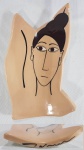 Assinatura não identificada - Placa de cerâmica recortada com figura de mulher ao gosto Modigliani. Assinada na base. Pequenos bicados. Acervo Scarlet Moon. Med. 16.5 x 09 cm