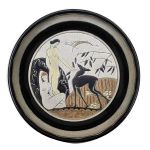 LONGWY FRANCE - grande bowl Art Decó com pé circular, reserva circular no fundo com pintura de nu feminino e animal. Meds: 12,8 cm x 29,5 cm