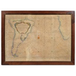 Gravura em metal aquarelada com mapa de navegação, "CARTE REDUTTE DE L´OCEAN MERIDIONAL" , ano 1753, reproduzido no livro Brazililana Itau, pag. 689. Medidas: 65 x 92 cm.