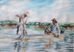 ROBERTO SIQUEIRA, Pescadores, aquarela, 29x40cm, datada 2003.