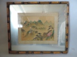 Quadro Oriental com selo vermelho e Assinatura. "Paisagem e Pagode"Medidas de 36cm x 32cm. Moldura de bambu e vidro espelhado.