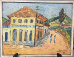 J. SANCTUS - "SOBRADINHO AMARELO", HOMENAGEM A VAN GOGH, OSE DATADO 73 MEDINDO  41V X 31 CM.