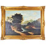 A. SOTOMAYOR - Óleo sobre tela ` paisagem com rio`, assinado no c.i.e, com moldura dourada. Meds: 70,0 cm x 100 cm (tela) e 91,5 cm x 120 cm (c/moldura)