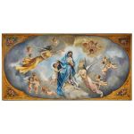 CARLOS CHAMBELLAND - Grande painel à óleo sobre madeira/placa, representando Nossa Senhora com menino Jesus, com mulheres aladas e anjos, ponteiras com reservas de flores, assinado no c.i.e. Medidas: 2,35 m x 1,22 m
