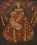 Releitura de pintura sul-americana, representando Nossa Senhora, pintada em óleo sobre tela. 31 x 25 cm. Espólio Ruth Fray Zacharias.