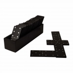 Jogo de dominó em madeira nobre com aplicações em alumínio. 11 x 30 x 7,5 cm (total) / 13 x 5 cm (peças).
