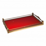 Bandeja art deco em metal cromado e vidro vermelho, estrutura e pés em madeira. C. 1930. 7 x 42,5 x 25 cm.