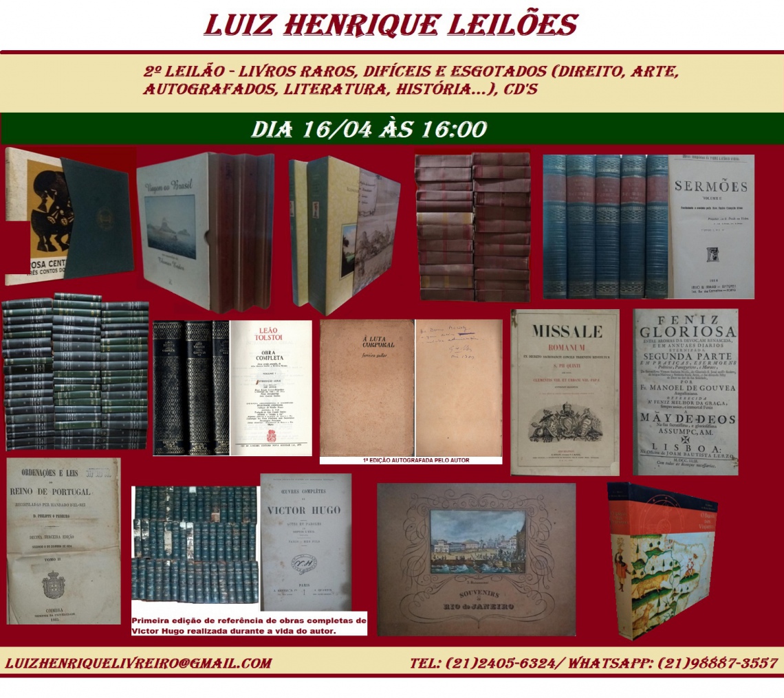 2º Leilão: Livros Raros, difíceis/ esgotados (Direito, Arte, Autografados, Literatura, História), CD