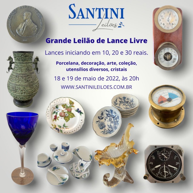LEILÃO DE LANCE LIVRE! Porcelanas, artigos de navegação, faqueiros, artes, decoração, coleção...