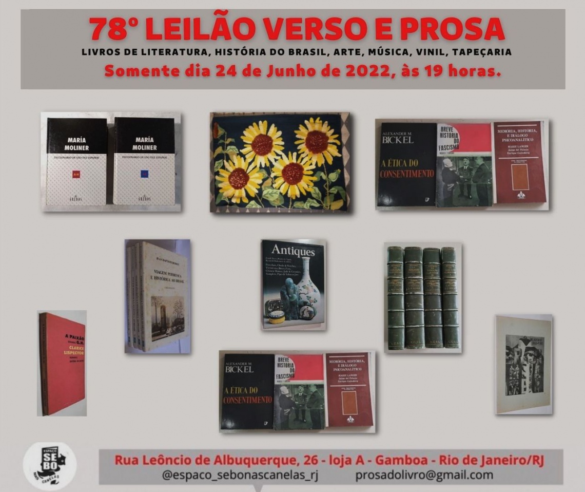 78º LEILÃO VERSO E PROSA: LIVROS DE LITERATURA, HISTÓRIA DO BRASIL, ARTE, MÚSICA, VINIL, TAPEÇARIA