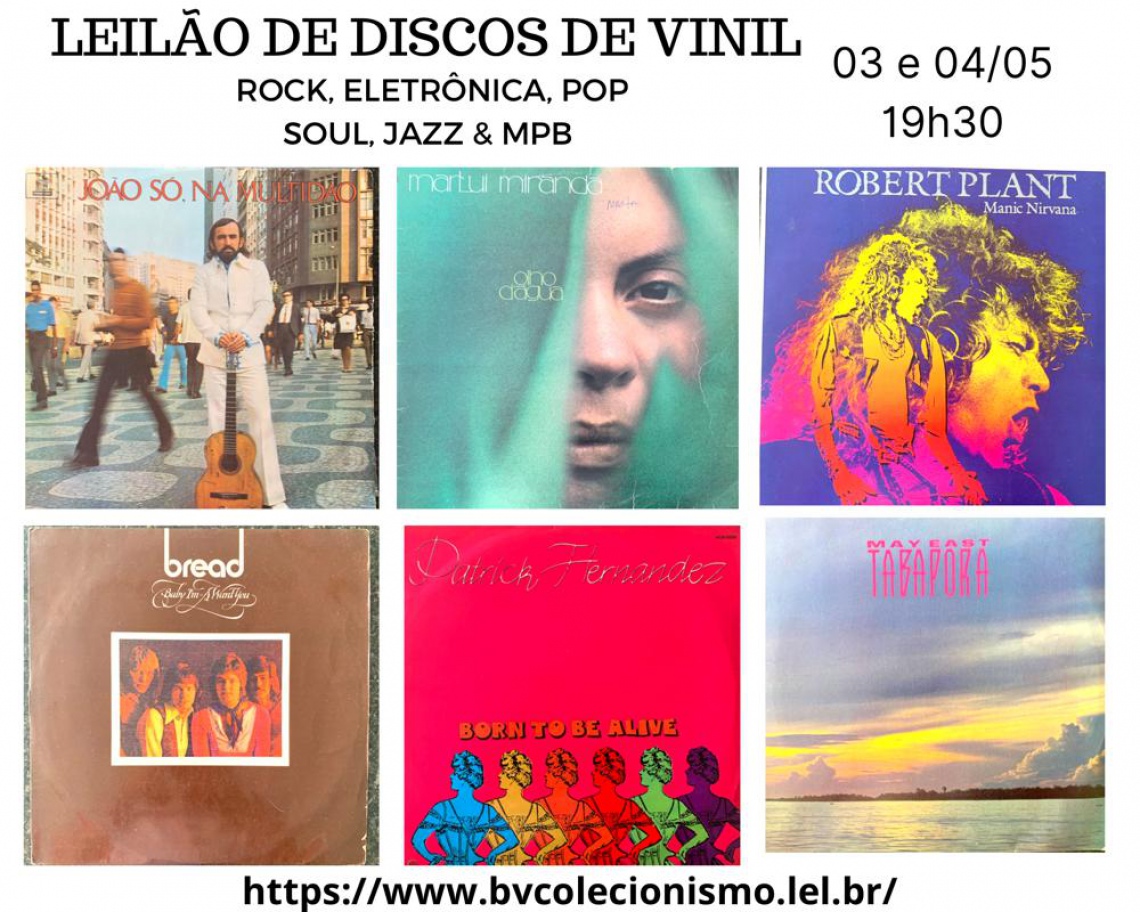 LEILÃO DE DISCOS DE VINIL:  ROCK, ELETRÔNICA, POP, SOUL, JAZZ, MPB.
