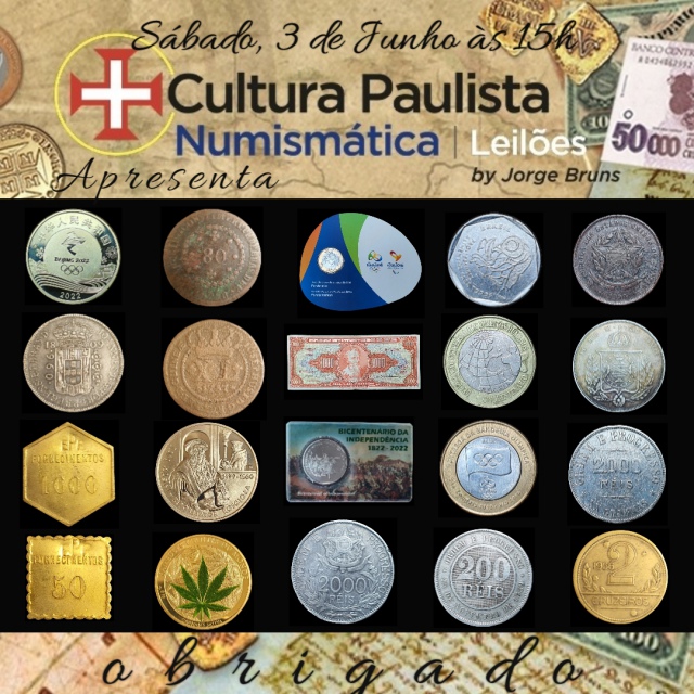 76º LEILÃO CULTURA PAULISTA NUMISMÁTICA COM LANCES INICIAIS A $1,00 !