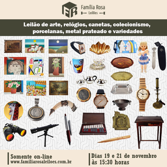 Leilão de arte, relógios, canetas, colecionismo, porcelanas, metal prateado e variedades