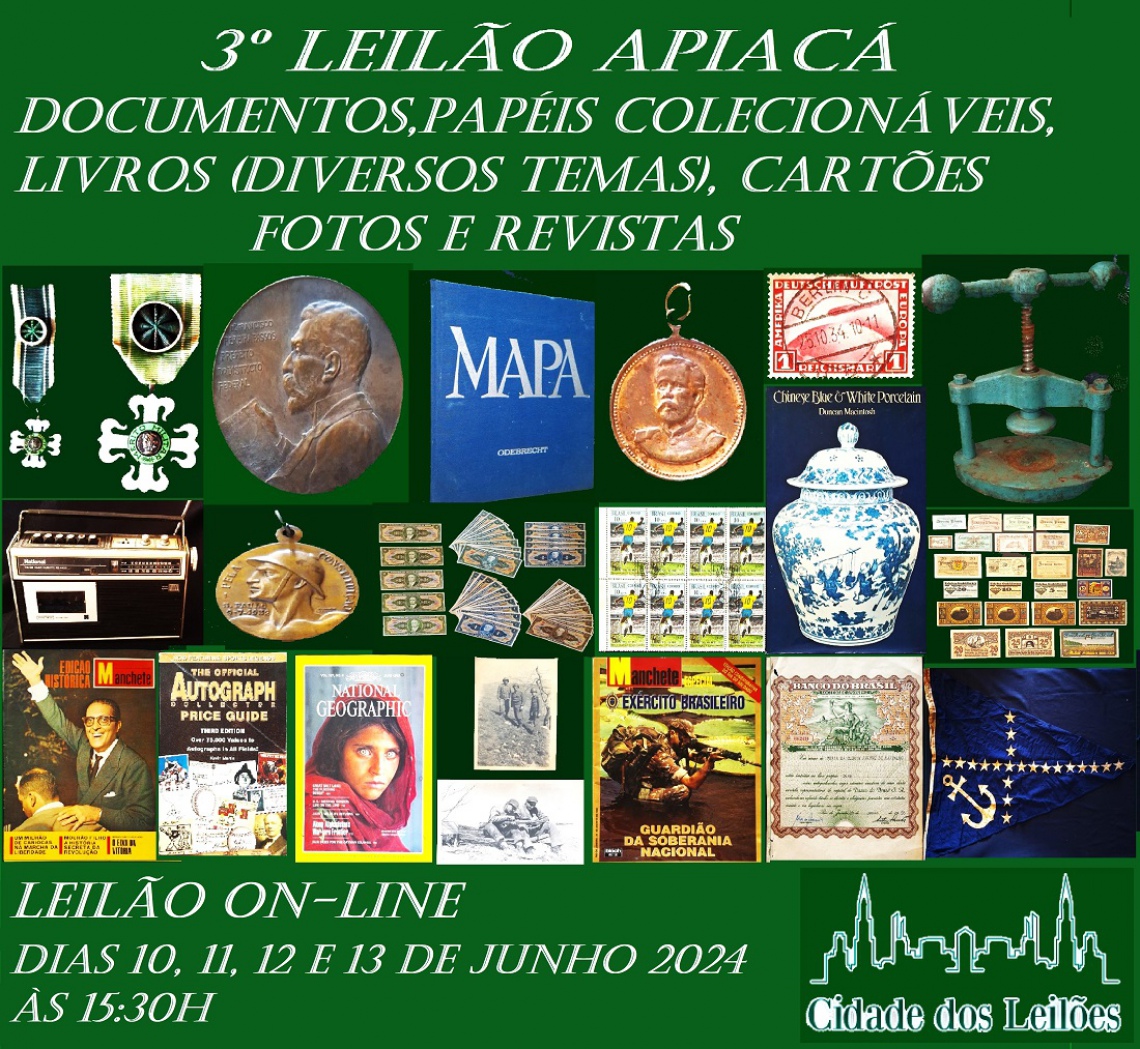 3º Leilão Apiacá-Documentos, papéis colecionáveis, livros (diversos temas), cartões fotos e revistas