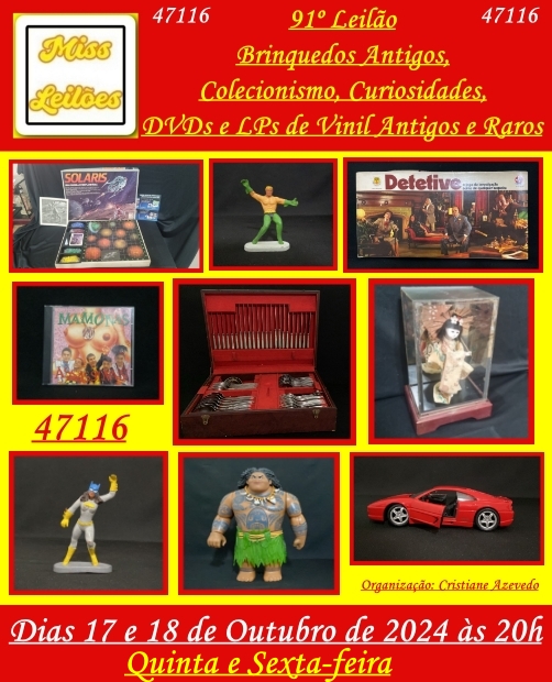 91º Leilão de Brinquedos Antigos, Colecionismo, Curiosidades, DVDs e LPs de Vinil Antigos e Raros