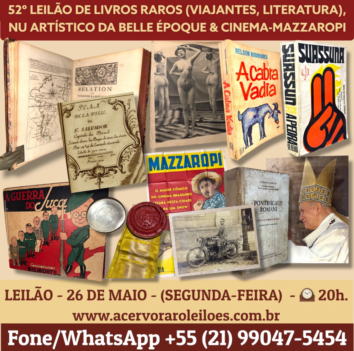 52º LEILÃO DE LIVROS RAROS (VIAJANTES, LITERATURA), NU ARTÍSTICO DA BELLE ÉPOQUE & CINEMA-MAZZAROPI