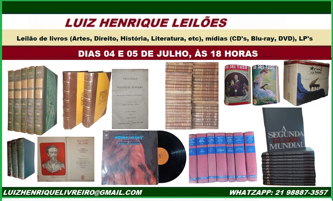 Leilão de livros (Artes, Direito, História, Literatura, etc), mídias (CDs, Blu-ray, DVD), LPs