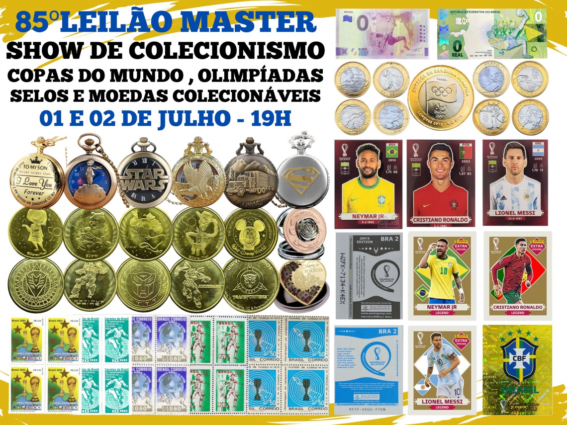 85º LEILÃO MASTER - SHOW DE COLECIONISMO - COPAS DO MUNDO, OLIMPÍADAS, SELOS E MOEDAS COLECIONÁVEIS