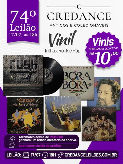74º LEILÃO CREDANCE ANTIGOS E COLECIONÁVEIS.  SÓ VINIL: TRILHAS, ROCK E POP