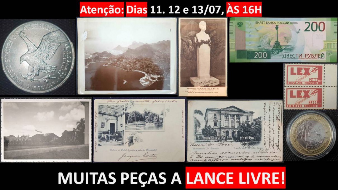LEILÃO ESPECIAL DE COLECIONISMO, POSTAIS, SELOS, FOTOS, MOEDAS, CÉDULAS E ETC.