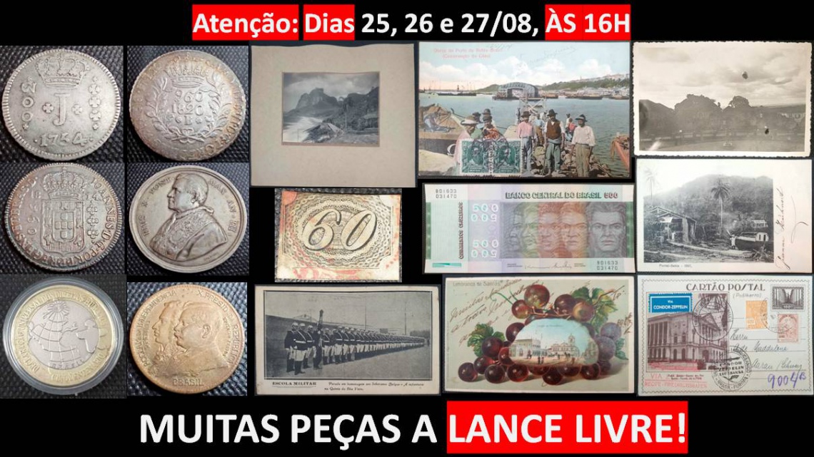 LEILÃO ESPECIAL DE COLECIONISMO, POSTAIS, SELOS, FOTOS, MOEDAS, CÉDULAS E ETC.