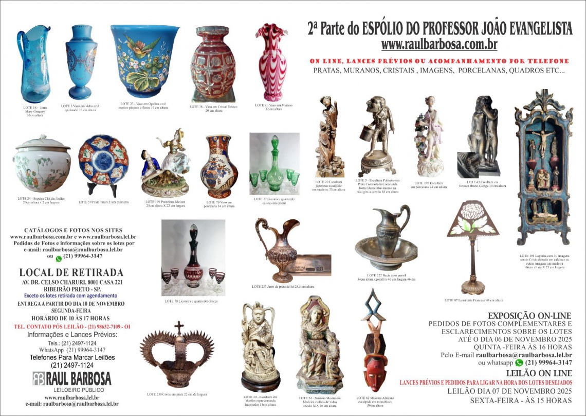 2 PARTE ESPÓLIO DO PROFESSOR JOÃO EVANGELISTA PRATAS, MURANOS, CRISTAIS , QUADROS,  PORCELANAS,