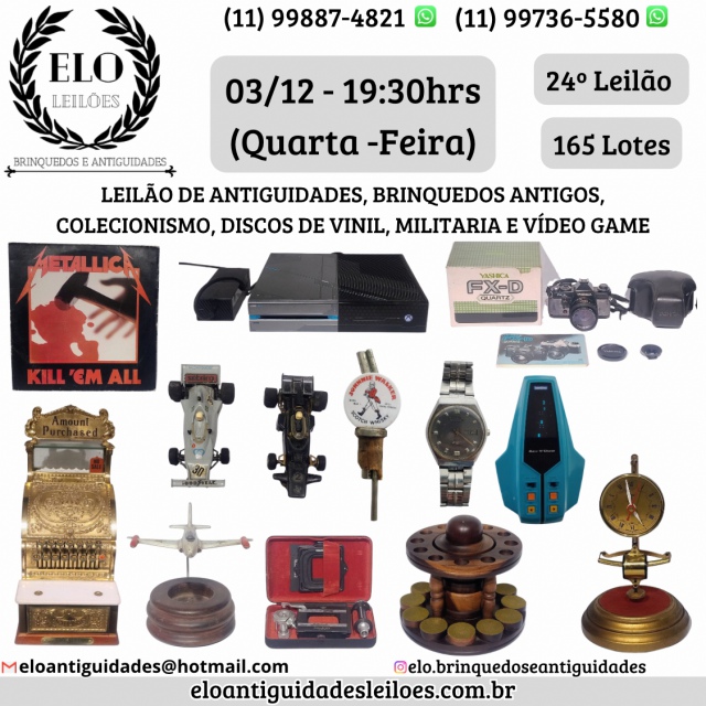 24º LEILÃO ANTIGUIDADES, BRINQUEDOS ANTIGOS, COLECIONISMO, DISCO DE VINIL, MILITARIA E VÍDEO GAME