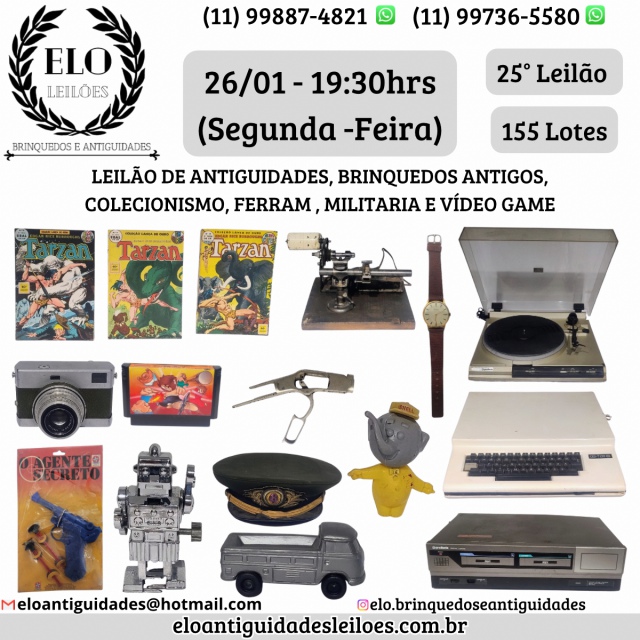 25 LEILÃO DE ANTIGUIDADES, BRINQUEDOS ANTIGOS, COLECIONISMO, FERRAMENTAS, MILITARIA E VÍDEO GAMES.