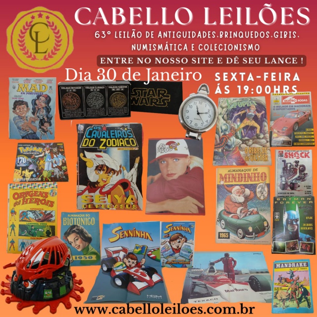 63  Leilão de Brinquedos, Gibis, Antiguidades, Discos, Numismática, Livros, Coleções e Curiosidades