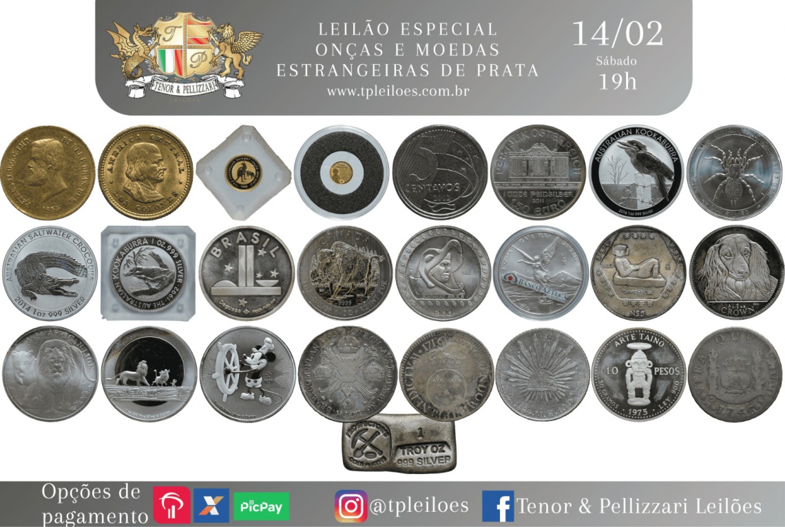 LEILÃO ESPECIAL - ONÇAS E MOEDAS ESTRANGEIRAS DE PRATA