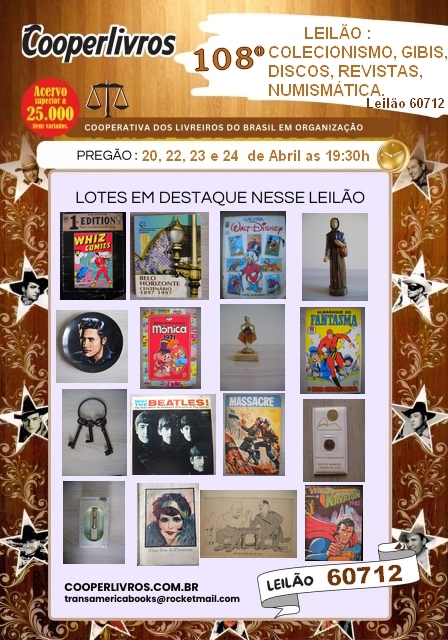 108º LEILÃO, COLECIONISMO, DISCOS, GIBIS, REVISTAS, NUMISMÁTICA.