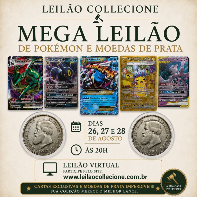 Mega Leilão Pokémon e Numismática. Artes Raras, Cartas Retro e Moedas de Prata do Brasil