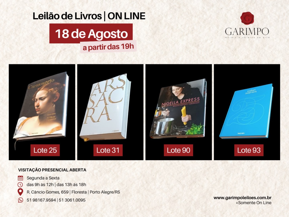 LEILÃO DE LIVROS - ARTE, CULINÁRIA, TURISMO, ARQUITETURA E ETC - 18 de agosto - Porto Alegre