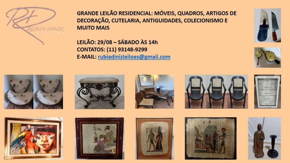 LEILÃO RESIDENCIAL - MÓVEIS. TELAS, GRAVURAS, PEÇAS DE DECORAÇÃO E MUITO MAIS