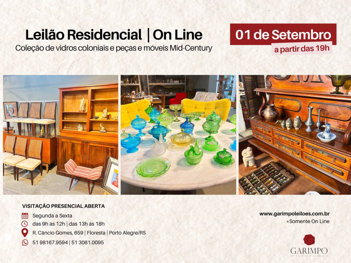 LEILÃO RESIDENCIAL - PEÇAS E MÓVEIS MID-CENTURY E COLEÇÃO DE  VIDROS COLONIAIS - 01 set - POA (RS)