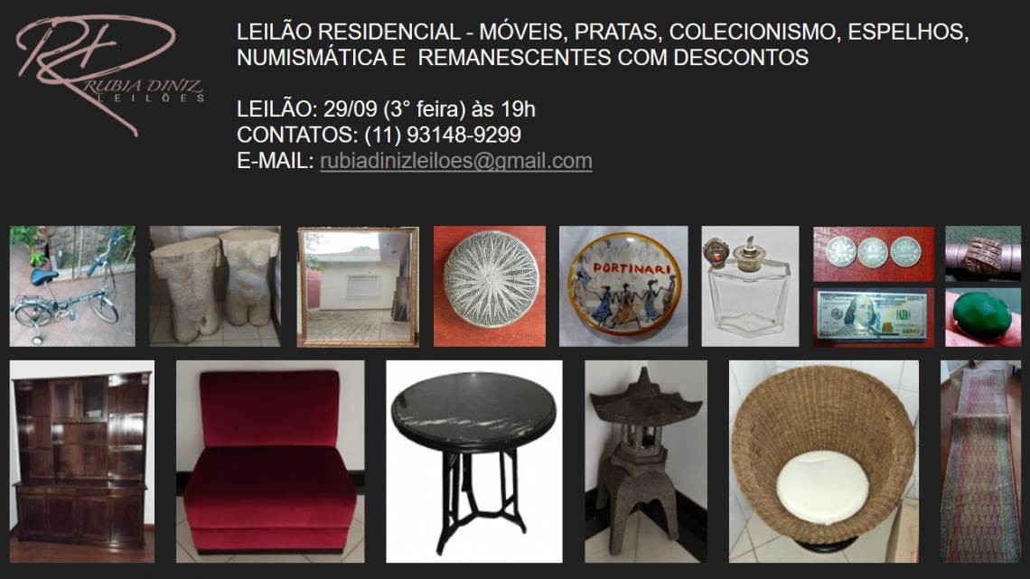 LEILÃO RESIDENCIAL - MÓVEIS, PRATAS, COLECIONISMO, ESPELHOS, NUMISMÁTICA  E MUITO MAIS
