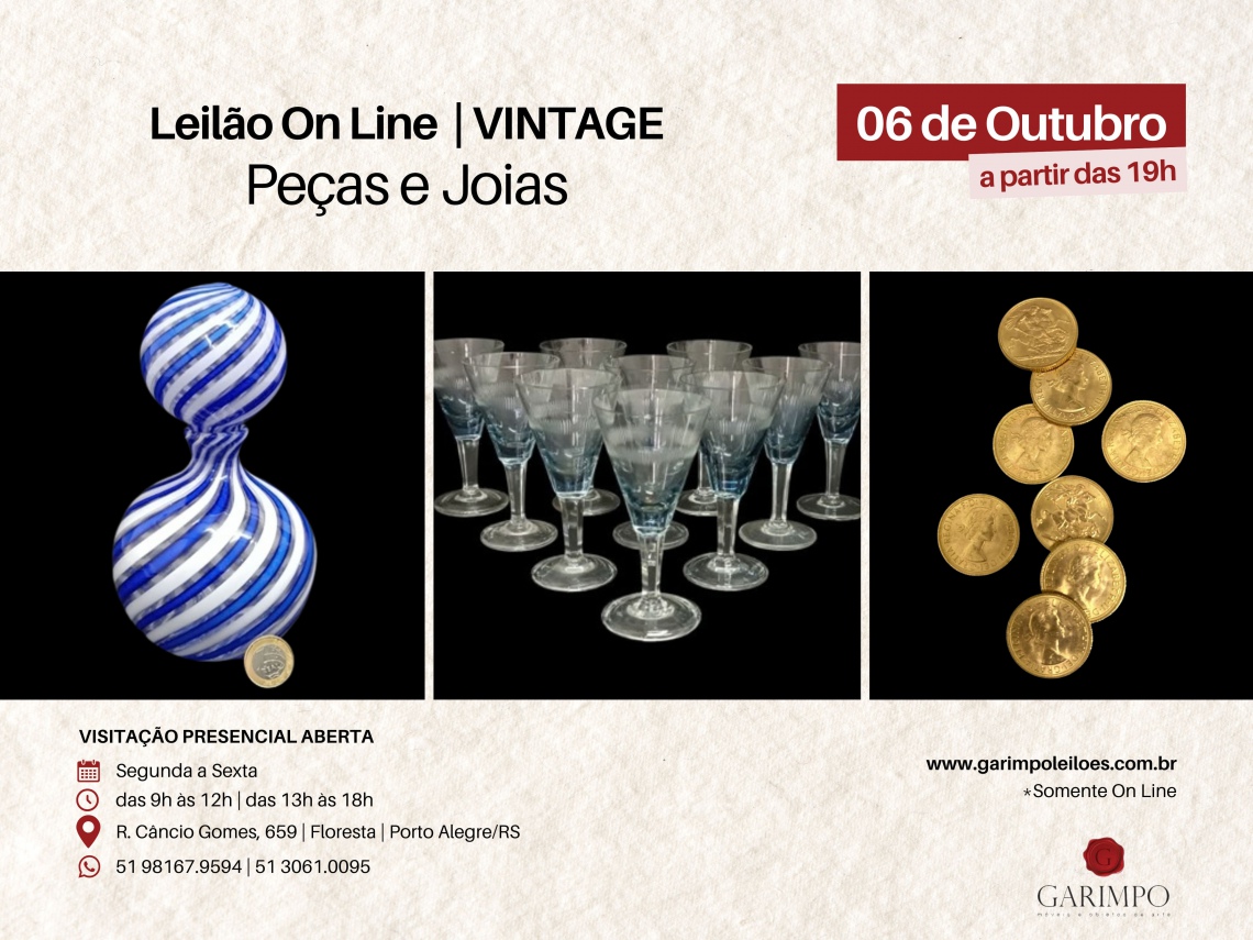 LEILÃO VINTAGE: Peças decorativas e joias - 06/10 - Porto Alegre (RS)
