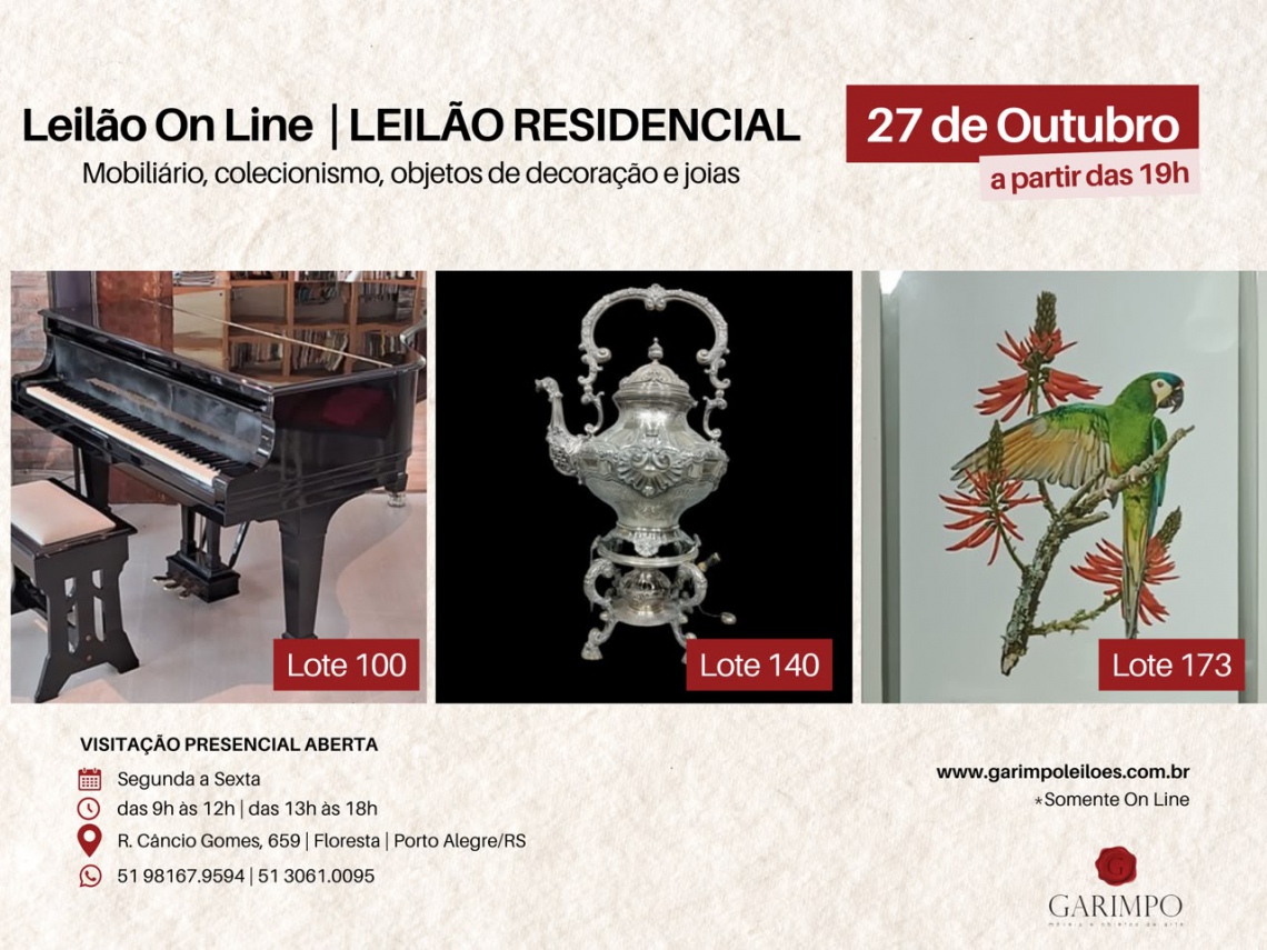 RESIDENCIAL: MOBILIÁRIO, COLECIONISMO, OBJETOS DE DECORAÇÃO E JOIAS - 27 de out - Porto Alegre (RS)